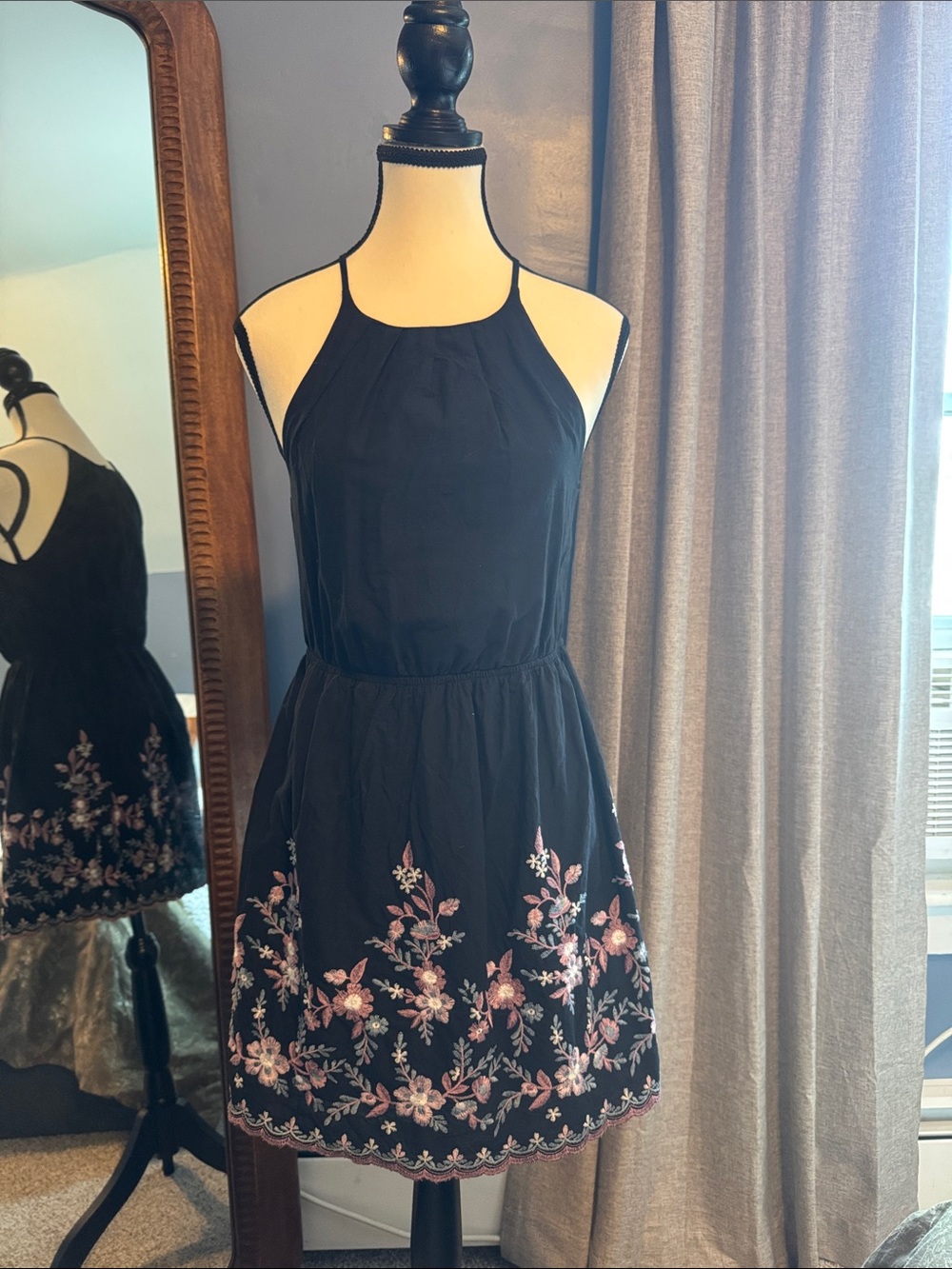 miami Black Halter Mini Dress with Pink Floral Embroidery